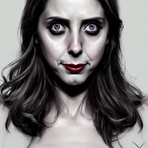 Image similar to gorgeous female Alison Brie, horror movie slasher, slasher movie, realistic character concept, violent pose, creepy smile, shorter neck, illustration, symmetrical face and body, realistic eyes, cinematic lighting, hyperdetailed, detailed realistic symmetrical eyes, face by artgerm, symmetrical nose, high resolution, Charlie Bowater, Tom Bagshaw, single face, insanely detailed and intricate, beautiful, elegant, dark living room background