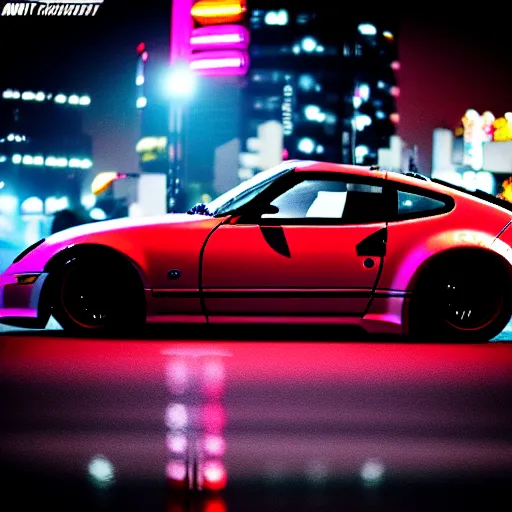 Image similar to a car 300Z twin turbo drift at illegal car meet, Shibuya prefecture, city midnight mist lights, cinematic lighting, photorealistic, highly detailed wheels, high detail