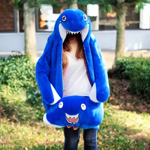 Image similar to a blonde girl in a black hoodie holding a blahaj blue shark plush from ikea, anime style