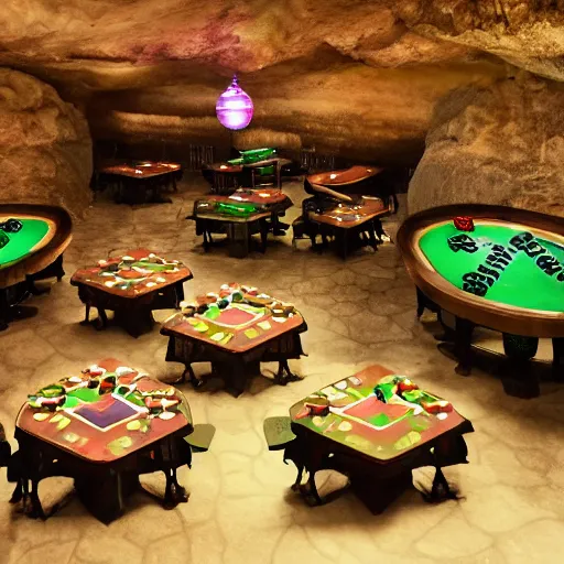 Image similar to You stand inside a bustling gnomish casino. Around the large cave, lit by suspended petchum lanterns, you see various large tables with green felted tops. Each table hosts games of both chance and strategy that the gnomes love. From a counter in the far left corner, Felcher presides over his establishment with pride.