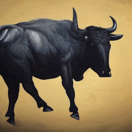 Prompt: A detailed dark painting of a dark raging bull with arms looking aggressive and confused, he is surrounded by a ruin, he is floundering, there is a ladder in the background it is going upwards, muffled colours