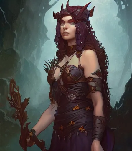 Image similar to Attractive Tiefling Druid, armored, dungeons and dragons portrait, highly detailed, digital painting, artstation, concept art, sharp focus, illustration, art by artgerm and greg rutkowski and alphonse mucha