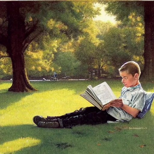 Image similar to a young boy reading a book about atoms sat in a public park, a sense of awe, warm dappled light, trees, in the style of norman rockwell