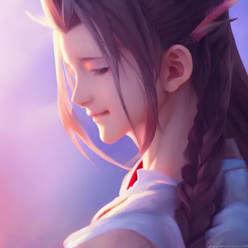 Image similar to high quality art of aerith ff7 by wlop, rossdraws, mingchen shen, bangkuart, sakimichan, yan gisuka, jeongseok lee, artstation, 4k