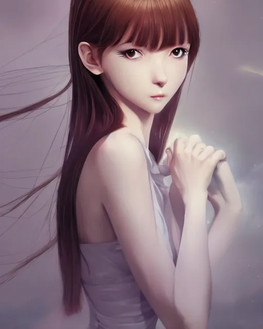 Image similar to infinitely detailed full - body portrait pale female peaceful dream angel wearing elegant clothes. beautiful! scenery art! by wlop & murata range, by ilya kuvshinov. artstation!! / pixiv!!