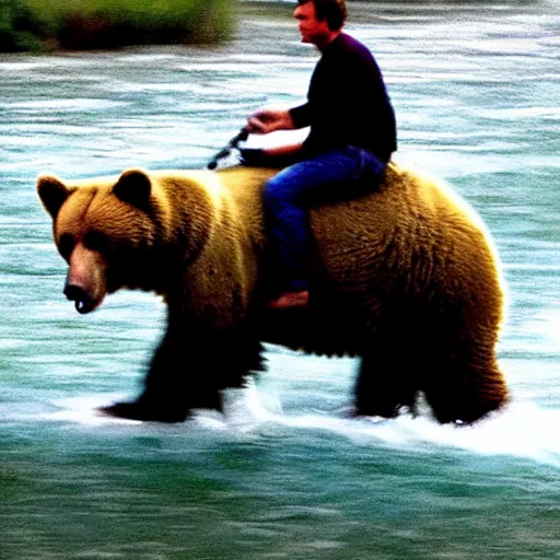 Prompt: dexter morgan riding a bear in a river grainy photo