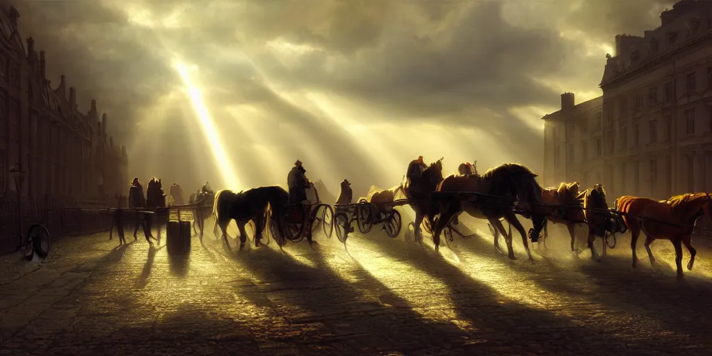 Image similar to 1 8 th century london, god rays, carriages with horses, digital art, landscape, fantasy art, octane render, ureal engine, high detail, very realistic, by greg rutkowski. by james gurney