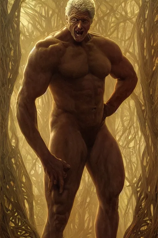 Image similar to portrait of bill clinton as a hulking herculean demon, forest, godlike, full body, fantasy, intricate, elegant, highly detailed, digital painting, artstation, concept art, sharp focus, illustration, art by artgerm and greg rutkowski and alphonse mucha