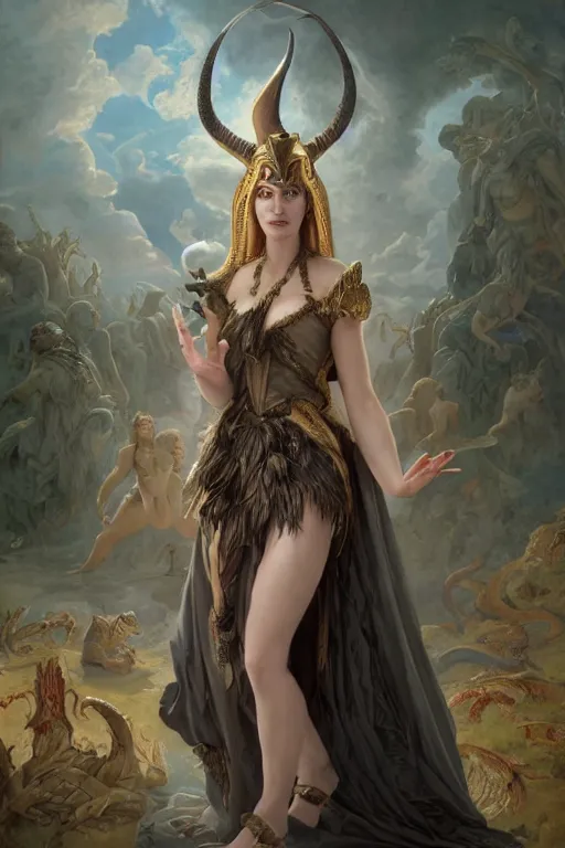 Image similar to A fantasy book style portrait painting of a hybrid, Eva Green, Anya_Taylor-Joy, Cory Chase, as a Mystical Valkyrie, Anubis-Reptilian, Atlantean Warrior, François Boucher, Oil Painting, unreal 5, DAZ, hyperrealistic, octane render, Regal, Refined, Detailed Digital Art, RPG portrait, William-Adolphe Bouguereau, Michael Cheval, Walt Disney (1937), Steampunk, Volumetric Golden dappled dynamic lighting, Highly Detailed, Cinematic Lighting, Unreal Engine, 8k, HD