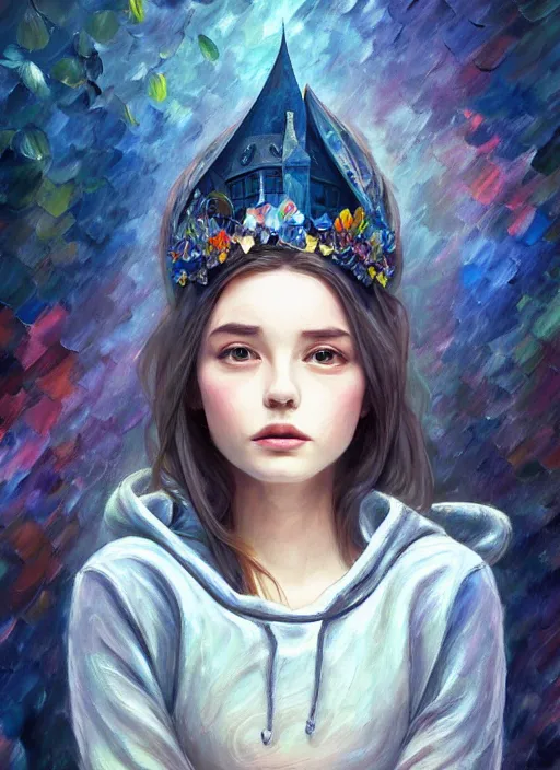 Prompt: alice wonderland, gray hoodie, jeans, tiara, half body shot, path traced, highly detailed, high quality, digital painting, alena aenami, leonid afremov, lilia alvarado, shinji aramaki, karol bak, alphonse mucha, tom bagshaw