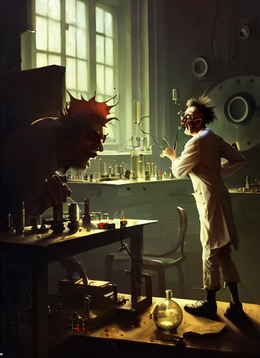 Prompt: mad scientist performing a experiment by otto dix and greg rutkowski and andreas rocha, cinematic lighting, highly detailed, warm colours, 8 k