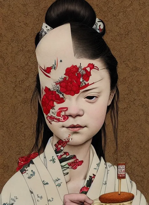 Image similar to detailed portrait of greta thunberg as a geisha eating cakes, trending on artstation elite, elegant, luxury, by krenz cushart, junji ito, takato yamamoto, perfect face, fine details, realistic shaded, fine - face, pretty face