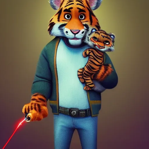 Image similar to “portrait of tiger in the style of the movie zootopia holding a laser gun, 4k, digital art, award winning”