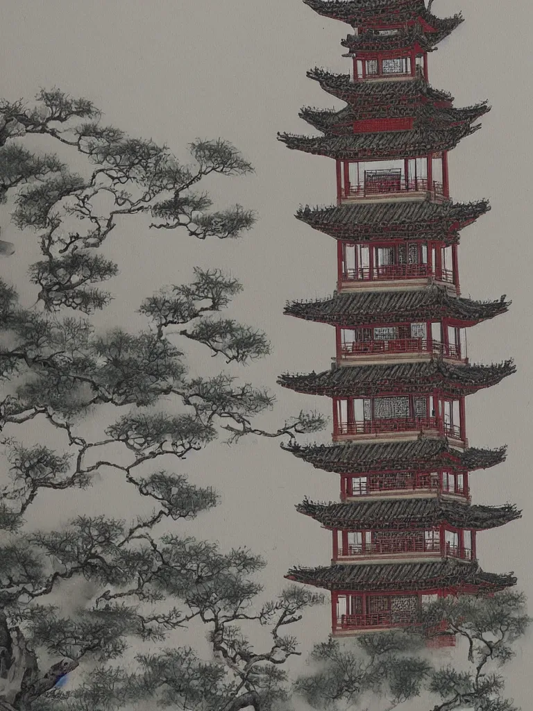 Image similar to A painting of the traditional Chinese tower, by