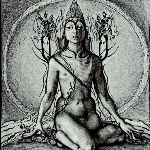 Prompt: ascending meditating elven princess, dmt shaman, surreal, by durer