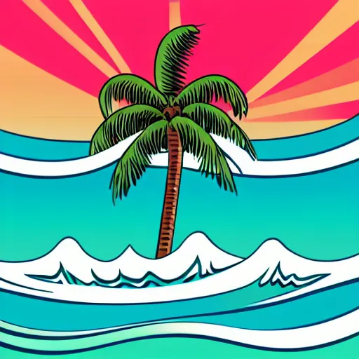 Image similar to waves in bottom front of a palm tree in front of a giant volleyball with seams vector logo, professional sports style, flat colour, svg, professional, sharp edges