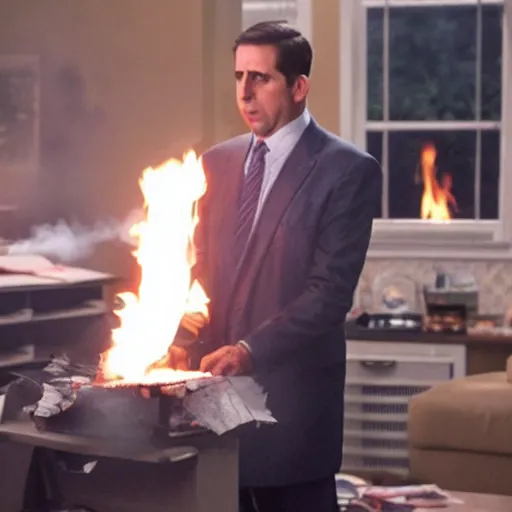 Prompt: michael Scott burning a paper sheet on fire