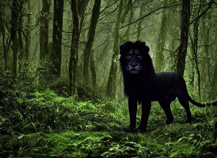 Image similar to professional wildlife photograph of a black lion standing in a foggy misty black dark jungle at night, surrounded by dense dark trees at night, moss, ferns, cinematic lighting, apex predator, natgeo