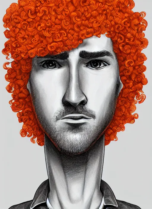 Prompt: illustration drawing of a curly orange hair man as a portrait, style by pixar, digital art, trending on artstation, behance, deviantart