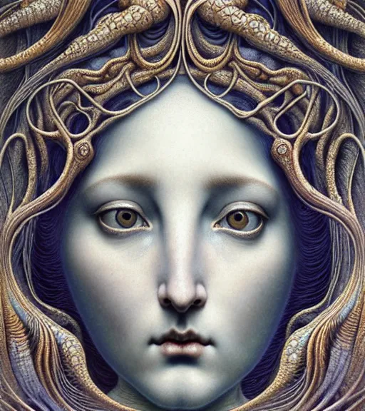 Image similar to detailed realistic porcelain beautiful moon goddess face portrait by jean delville, gustave dore, iris van herpen and marco mazzoni, art forms of nature by ernst haeckel, art nouveau, symbolist, visionary, gothic, neo - gothic, pre - raphaelite, fractal lace, intricate alien botanicals, ai biodiversity, surreality, hyperdetailed ultrasharp octane render