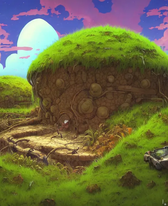 Image similar to a simple bunker made out of exotic fungus, overgrown with weird fungus and slime, spaceport, noon, sun drenched, partly cloudy, by dan mumford, yusuke murata, makoto shinkai, ross tran, cinematic, unreal engine, cel shaded, featured on artstation, pixiv