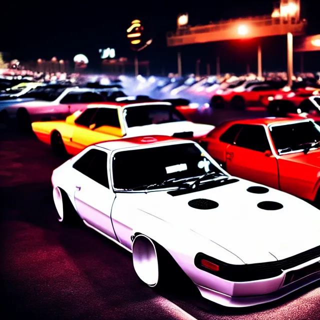 Prompt: a car S30 twin turbo drift at illegal car meet, Saitama prefecture, city midnight mist lights, cinematic lighting, photorealistic, highly detailed wheels, high detail