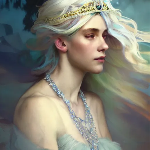 Image similar to a beautiful white haired young woman, adorned with precious stones, tiara and necklace by jeremy mann and alphonse mucha, photo realistic, dynamic lighting, windy, artstation, poster, dreamy, volumetric lighting, ethereal, 4 k, high detail