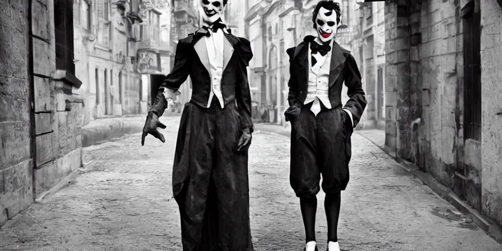 Image similar to joker wearing clothes in the style of directoire style, photograph, grinning, creepy,