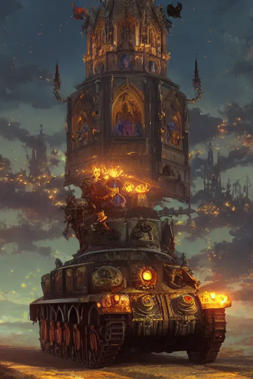 Image similar to a mobile driving ornate cathedral church as tower mounted on a tank with chain drive, warhammer 4 0, scene in an open field. key visual, conceptart, ambient lighting, highly detailed, digital painting, artstation, concept art, sharp focus, by makoto shinkai and akihiko yoshida and kris kuksi