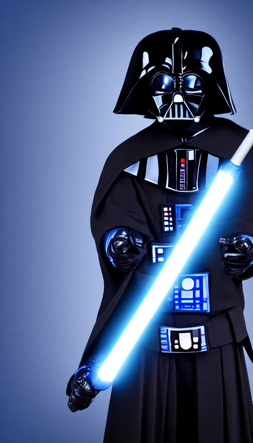 Prompt: A blue Darth Vader suit holding a blue lightsaber, 4k, dark background, 3d,