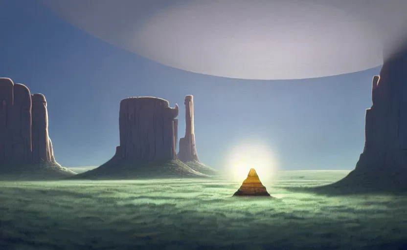 Image similar to hyperrealist painting of a stone spaceship inside a giant transparent bubble from howl's moving castle ( 2 0 0 4 ) in a flooded monument valley stonehenge jungle. 1 9 7 0 s science fiction, moody, misty, depth perception, 4 k, artstation, in the style of studio ghibli