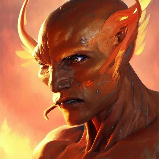 Image similar to humanoid fire elemental, male, face, head shot, fantasy, highly detailed, digital painting, artstation, concept art, smooth, sharp focus, illustration, art by artgerm and greg rutkowski and alphonse mucha