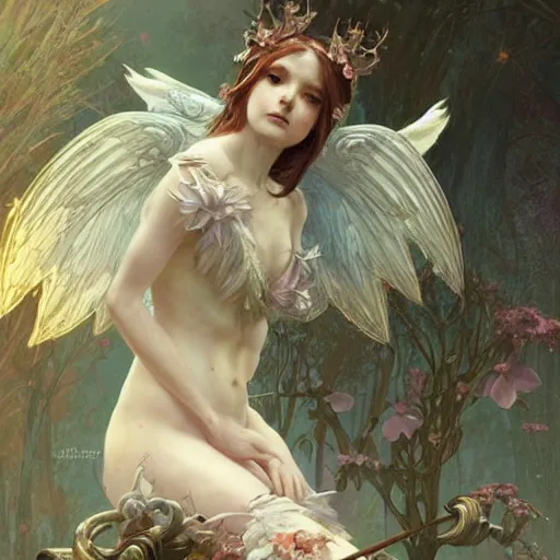 Image similar to beautiful angelic seductive fairy, fantasy, intricate, cinematic lighting, highly detailed, digital painting, artstation, smooth, sharp focus, illustration, art by Akihiko Yoshida, Greg Rutkowski and Alphonse Mucha, by Pixar