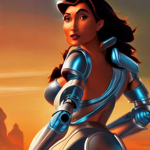 Prompt: high detailed close up of, energetic female cyborg Disney princess Jasmine, wearing futuristic cybernetic battle armor, balance composition, dramatic lighting, 8k, painted by Alex Ross