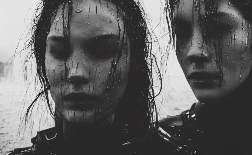 Image similar to cinestill 5 0 d candid photographic portrait by christopher nolan of two loving female androids wearing rugged black mesh techwear in treacherous waters, extreme closeup, modern cyberpunk moody emotional cinematic, pouring rain, 8 k, hd, high resolution, 3 5 mm, f / 3 2, ultra realistic faces, ex machina