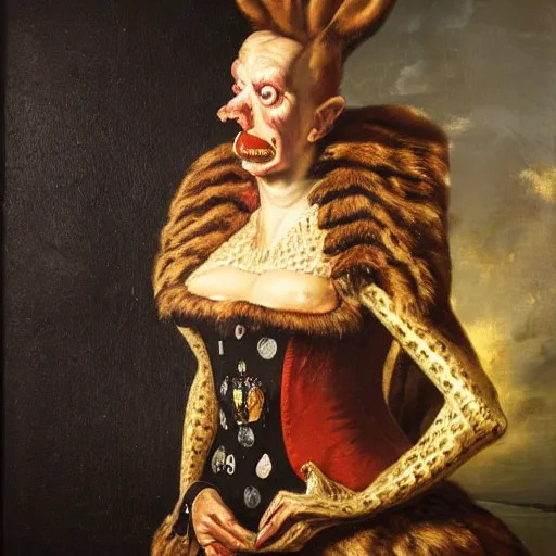 Image similar to disturbing dutch golden age oil painting by christian rex van minnen portrait of an extremely bizarre mutated grotesque proteus syndrome woman wearing fancy fur and jewels with intense chiaroscuro lighting cast shadows perfect composition masterpiece