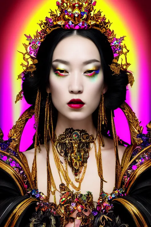 Image similar to a singular beautiful empress dramatic portrait, black hair, with a brilliant, impossible striking shiny big multi colored crystal headpiece, symmetrical, reflective surface, rainbow crystal clothes, rococo, baroque, jewels, asian, realistic, dramatic studio lighting, closeup, D&D, fantasy, intricate, elegant, highly detailed, digital painting, artstation, octane render, 8k, concept art, matte, sharp focus, illustration, art by Artgerm and Greg Rutkowski and Alphonse Mucha