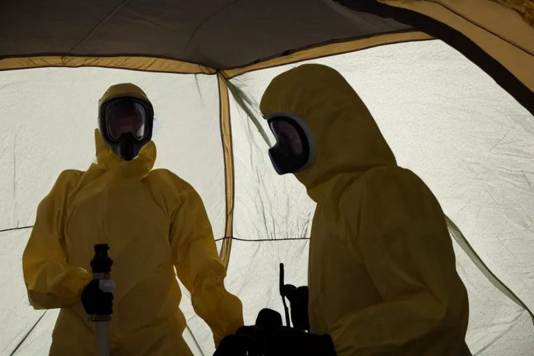 Image similar to man wearing hazmat suit in clean tent. by Roger Deakins