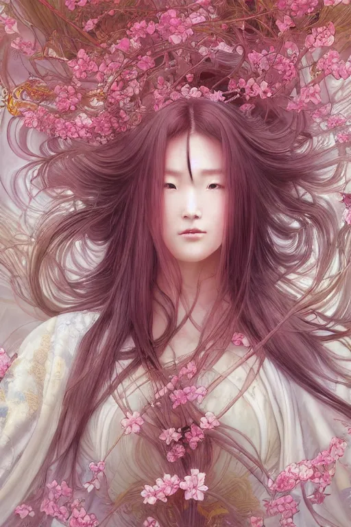 Prompt: breathtaking detailed soft painting of a samurai queen with long flowing red hair, anime style, pastel flower petals flying, in front of a pristine art nouveau cathedral, elegant, volumetric lighting, highly detailed, artstation, concept art, matte, sharp focus, art by pilyeon, Alfons Mucha and Miho Hirano