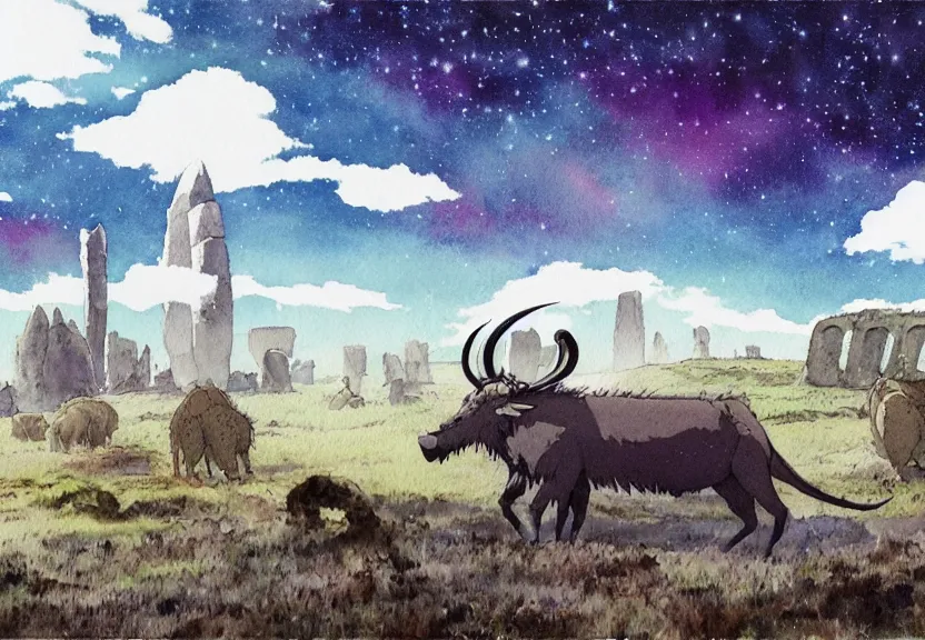 Prompt: a hyperrealist watercolor concept art from a studio ghibli film showing a giant grey mechanized prehistoric wildebeest from howl's moving castle ( 2 0 0 4 ). stonehenge is under construction in the background, in the rainforest on a misty and starry night. by studio ghibli. very dull muted colors