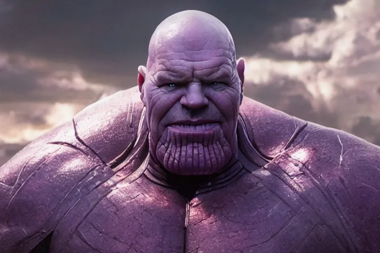 Image similar to promotional image of bald Bryan Cranston as Thanos in Avengers: Endgame (2019), purple skin color, movie still frame, promotional image, imax 70 mm footage