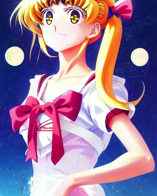 Image similar to Anime as Sailor Moon girl || cute-fine-face, pretty face, realistic shaded Perfect face, fine details. Anime. realistic shaded lighting poster by Ilya Kuvshinov katsuhiro otomo ghost-in-the-shell, magali villeneuve, artgerm, Jeremy Lipkin and Michael Garmash and Rob Rey Sailor-Moon Sailor Moon
