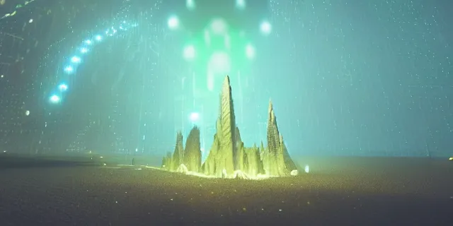 Image similar to a beautiful network of glowing cubes appears in the sky above a fantasy landscape, atmospheric lighting, intricate, volumetric lighting, beautiful, sharp focus, ultra detailed, in the art style of bowater charlie, brom gerald, astrophotography, rendered in cinema 4 d, quantum wavetracing, rendered in maya