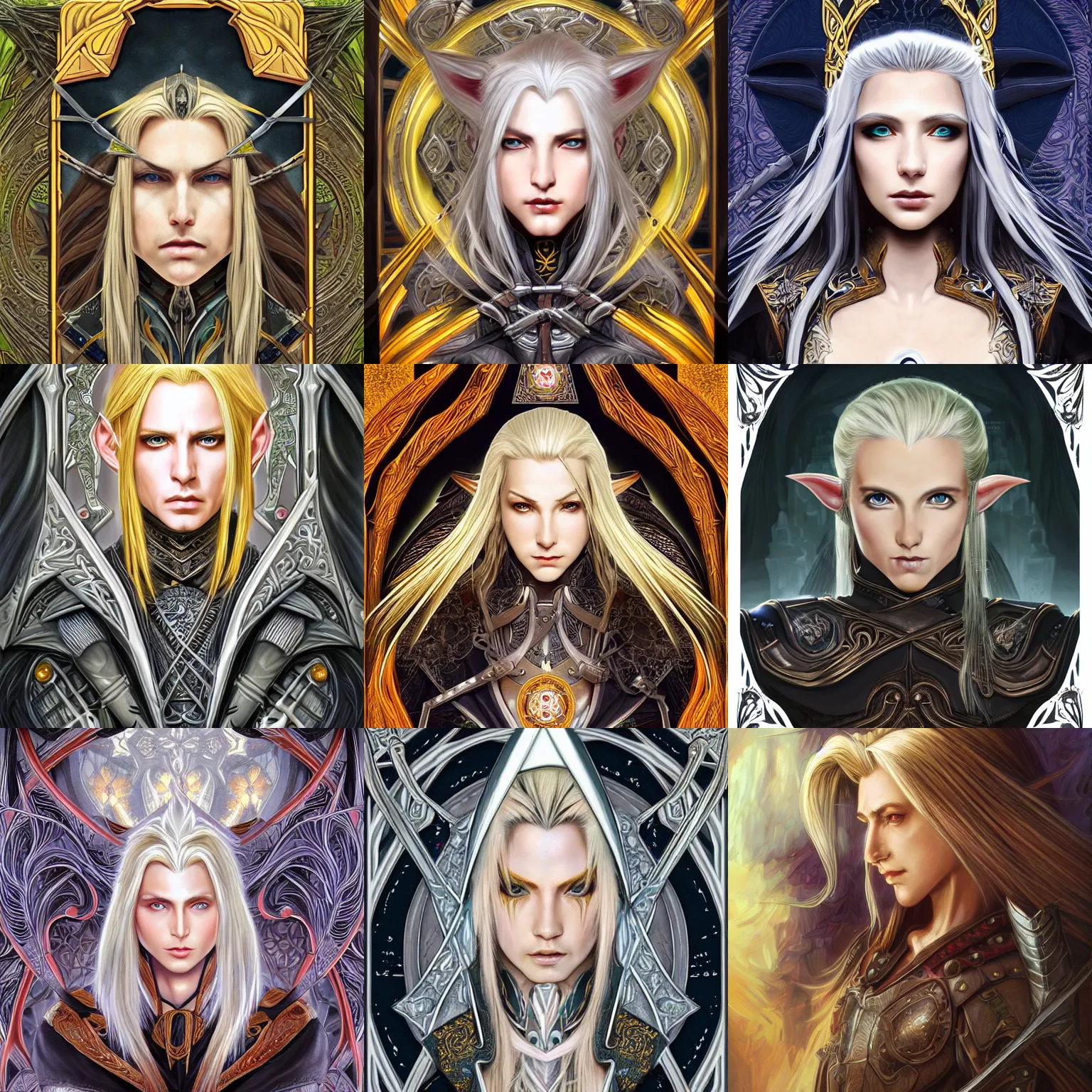 Prompt: head-on symmetrical centered painted portrait, Sephiroth as elf ranger, blonde hair, leather armour, art nouveau, tarot card style, complex fractal tarot card background, fantasy, intricate, elegant, highly detailed, smooth, sharp focus, illustration, artstation, in the style of Artgerm and Anna Podedworna and Alex Ross and Mucha