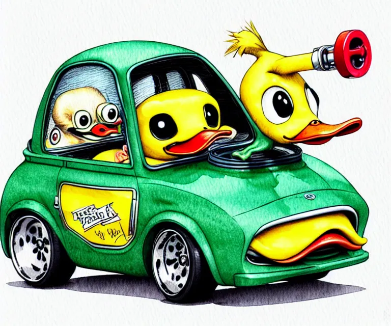 Image similar to cute and funny, duckling driving a tiny hot rod with an oversized engine, ratfink style by ed roth, centered award winning watercolor pen illustration, isometric illustration by chihiro iwasaki, edited by craola, tiny details by artgerm and watercolor girl, symmetrically isometrically centered