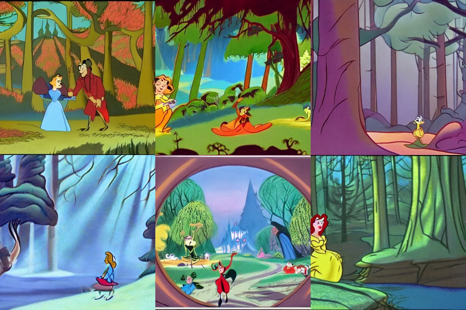 Prompt: Movie frame from the coloured Disney animated motion picture released in 1949, beautiful enchanted forest full of