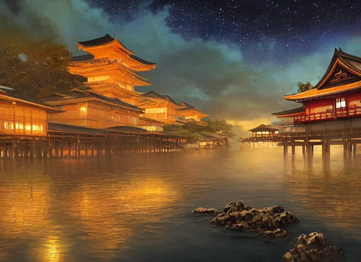 Image similar to ancient Kyoto city built upon the Sea Of Stars of Vaadhoo Island Maldives, Bioluminescent sea plankton that shines royal gold during the night makes the sea area, glowing water, intricate, elegant, luxurious, digital painting, concept art, smooth, sharp focus, from Star Trek 2021, illustration, by WLOP and Ruan Jia and Mandy Jurgens and William-Adolphe Bouguereau, Artgerm