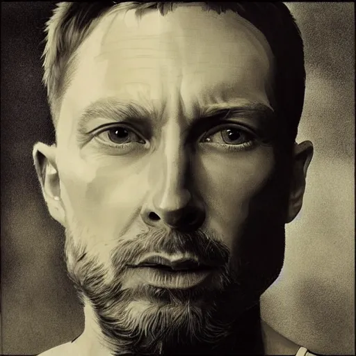 Image similar to hyper realistic portrait of similar version thom yorke shorter hair variations singer songwriter ok computer, ( side ) profile, liminal space, by lee bermejo, alphonse mucha and greg rutkowski