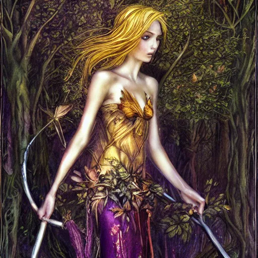 Prompt: fey queen of the summer forest, dress of leaves, fine features, holding a golden scepter, thin, young, silver shimmering hair, by brian froud, dusk scene, night colors, oil on canvas, oil panting