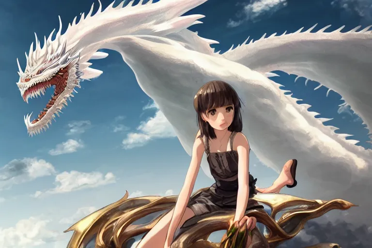 Prompt: a hyper detailed big render that a beautiful girl sitting on the back of a huge silver white dragon alone in fairyland surrounded by white clouds, finely detailed angelic face, style of studio ghibli, makoto shinkai, xision, ilya kuvshinov and artgerm, kazuki tanahashi, james jean, animation style, golden curve composition